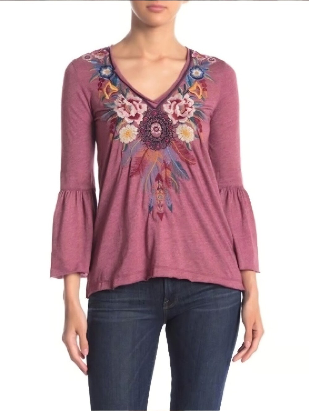 Johnny Was Darielle Flute Ruffle Sleeve Floral Embroidered Top Mauve Plum Size M